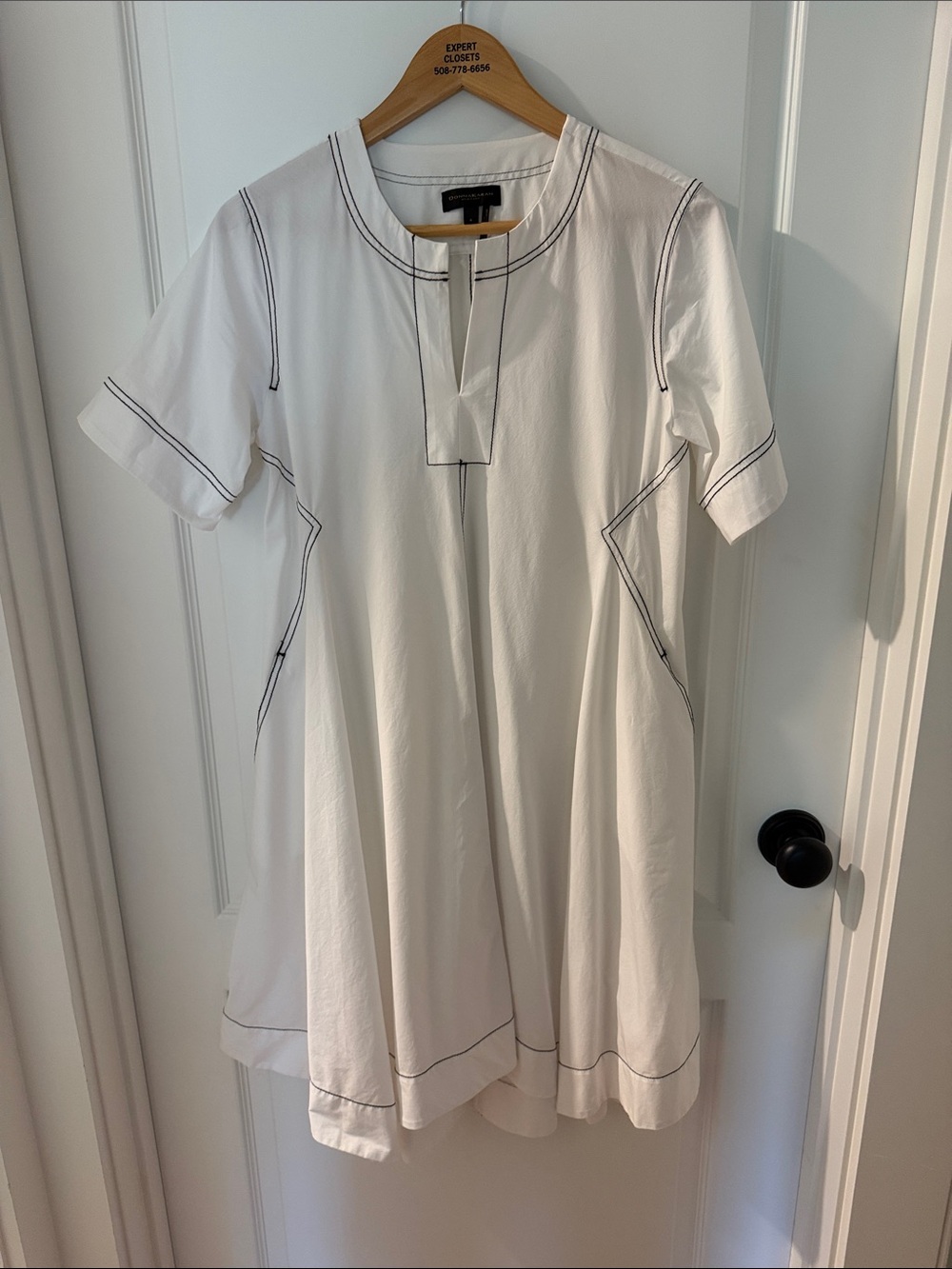 Donna Karan White Poplin Swing Dress with Black Contrast Stitching